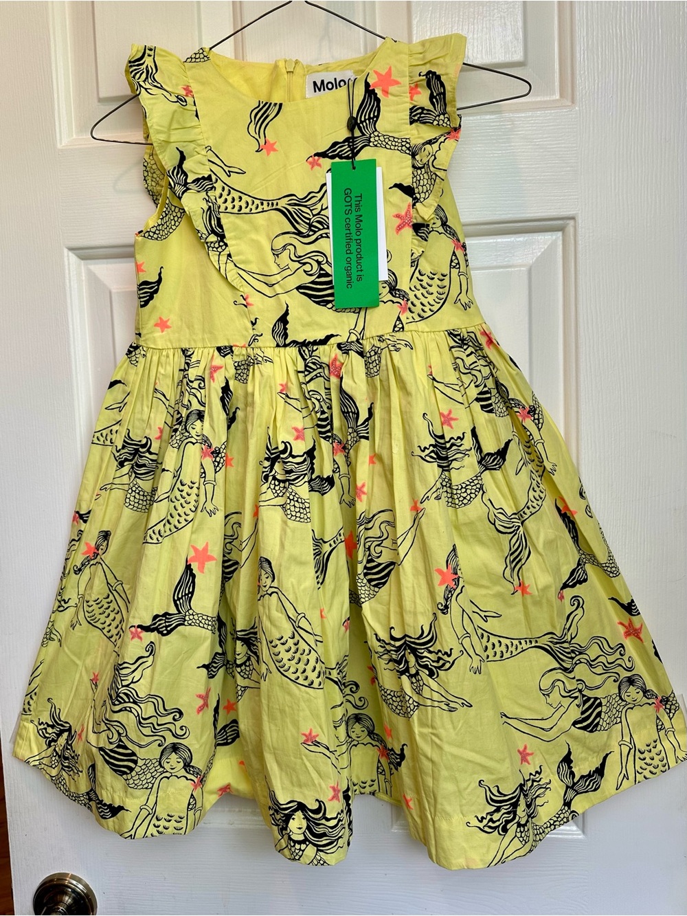 NWT 7/8 Molo Yellow Mermaid Print Ruffle Dress with Coral Stars